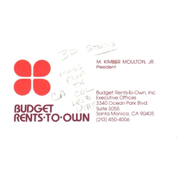 M. Kimber Moulton JR Budget Rents-To-Own Santa Monica Vtg Business Card SD8-B4